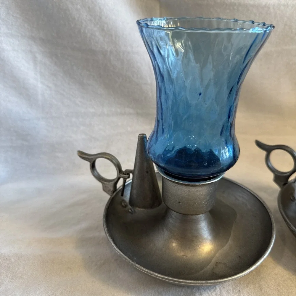 Vintage Pair Pewter Chamberstick Candle Holders Finger Loops Sniffers Blue Glass